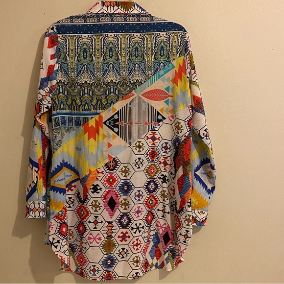 Caleoas Women’s M Tunic Top Shirt Mixed Pattern Button Up Pockets Boho - Picture 2 of 14